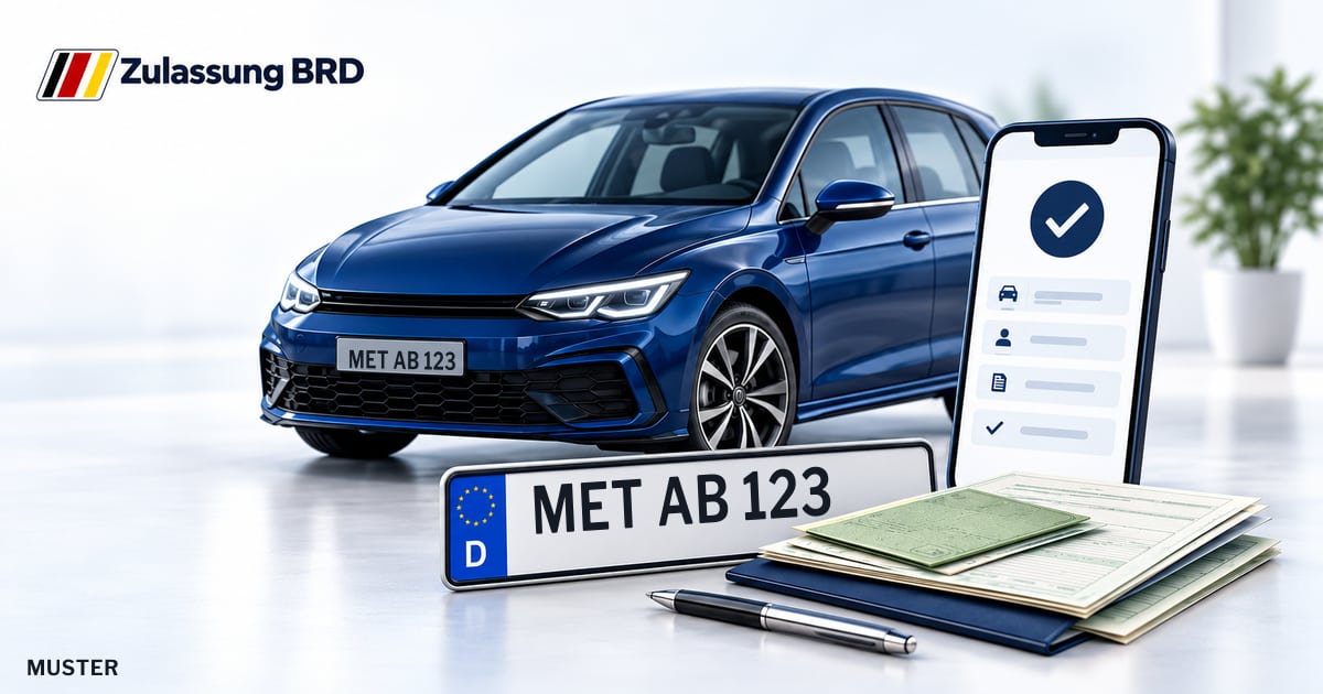 Online Fahrzeugzulassung in Mellrichstadt: Musterkennzeichen MET AB 123, Auto und Fahrzeugpapiere und Smartphone. Illustration mit Logo von Zulassung BRD.